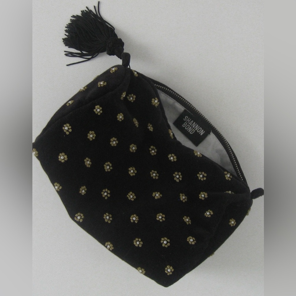 SHANNON BOND Black Velvet Beaded Tassel Makeup Pouch